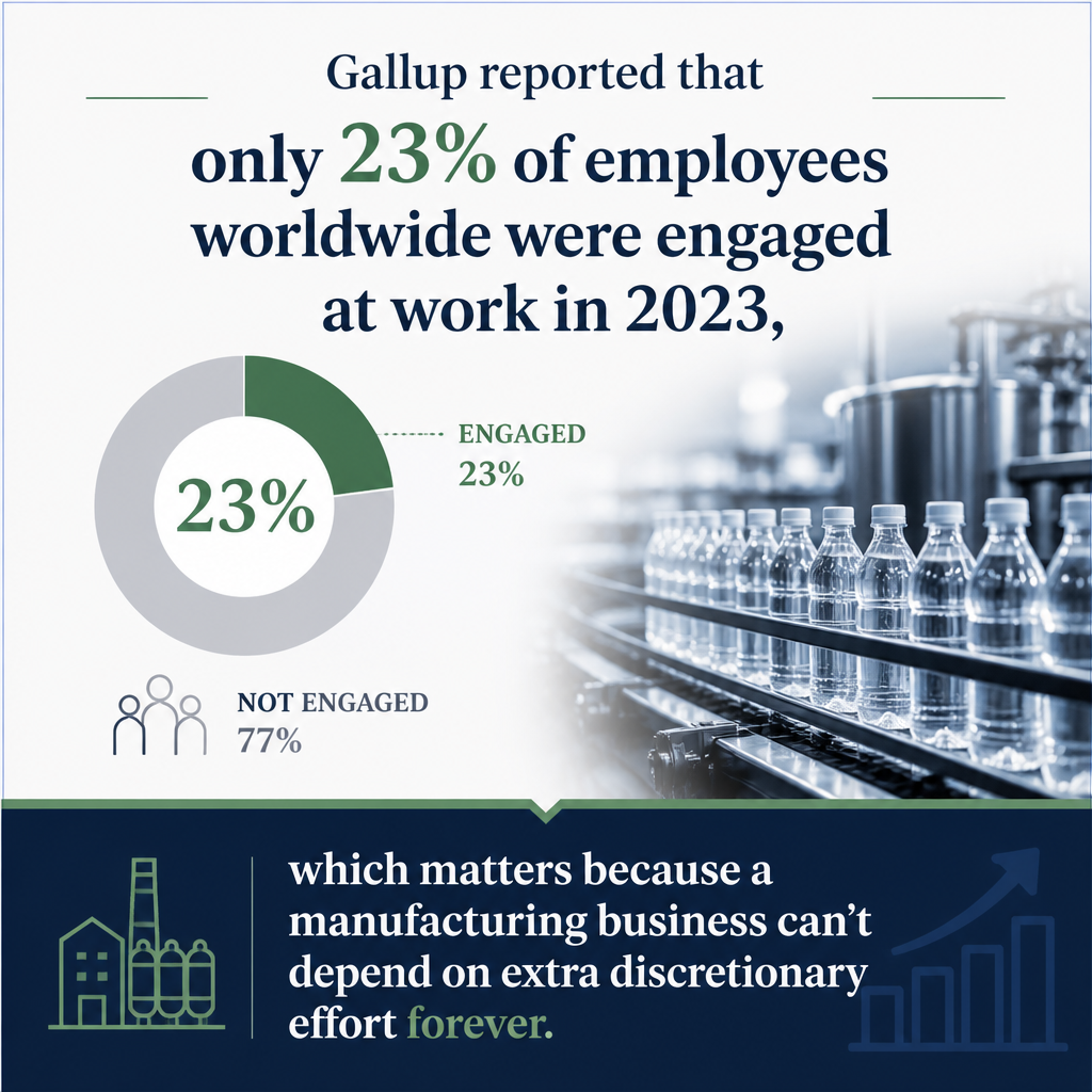 Gallup reported that only 23% of employees worldwide were engaged at work in 2023, which matters because a manufacturing